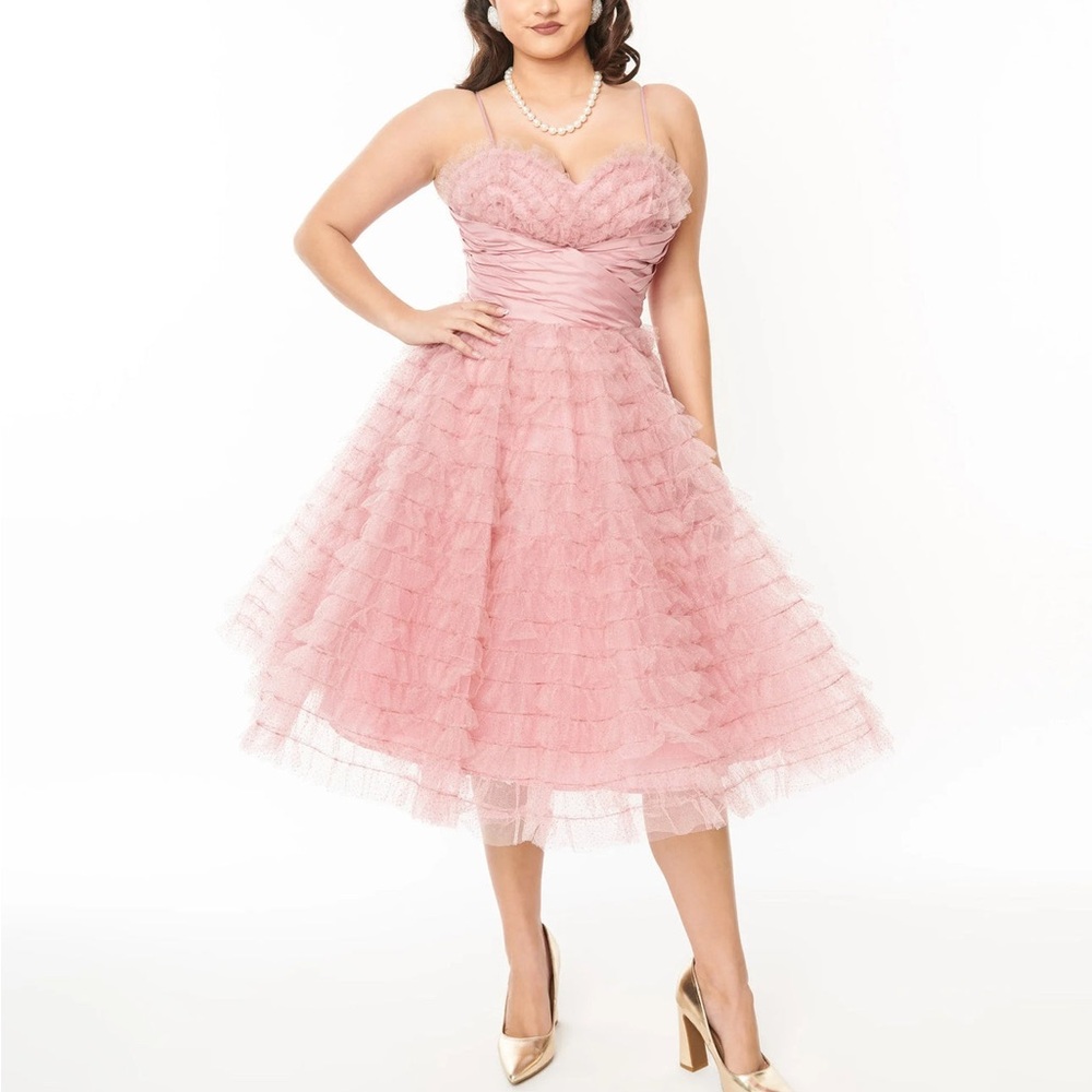 Unique Vintage 1950s Rose Pink Glitter Tulle Cupcake Swing Dress 4x 5x 26 Plus